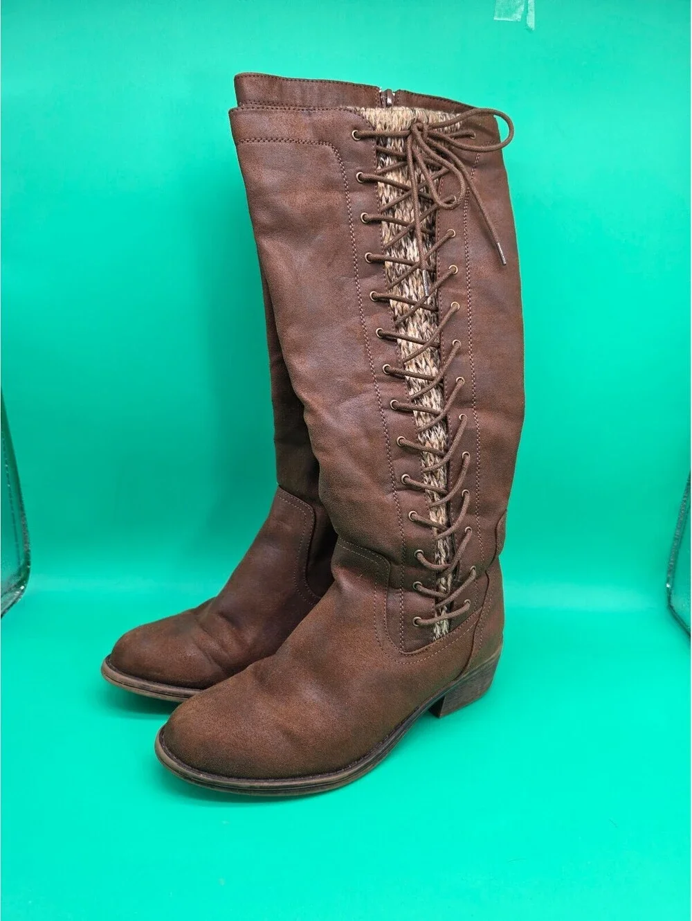 Apt. 9 Women's Tall Lace-Up Boots Brown Knit Back Side Zip Size 7.5M